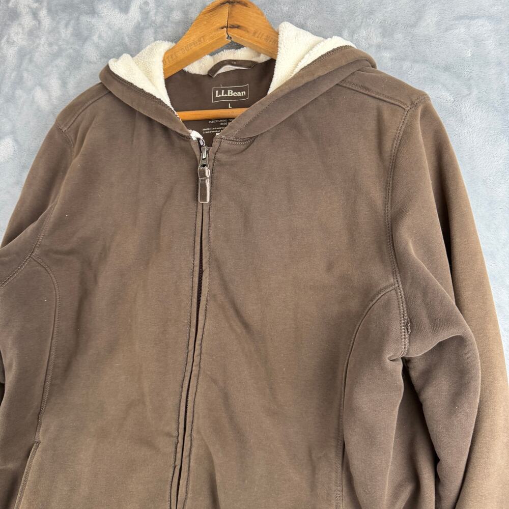 L L Bean Women‎ Brown  Zip Up Hoodie Lined Fleece Large